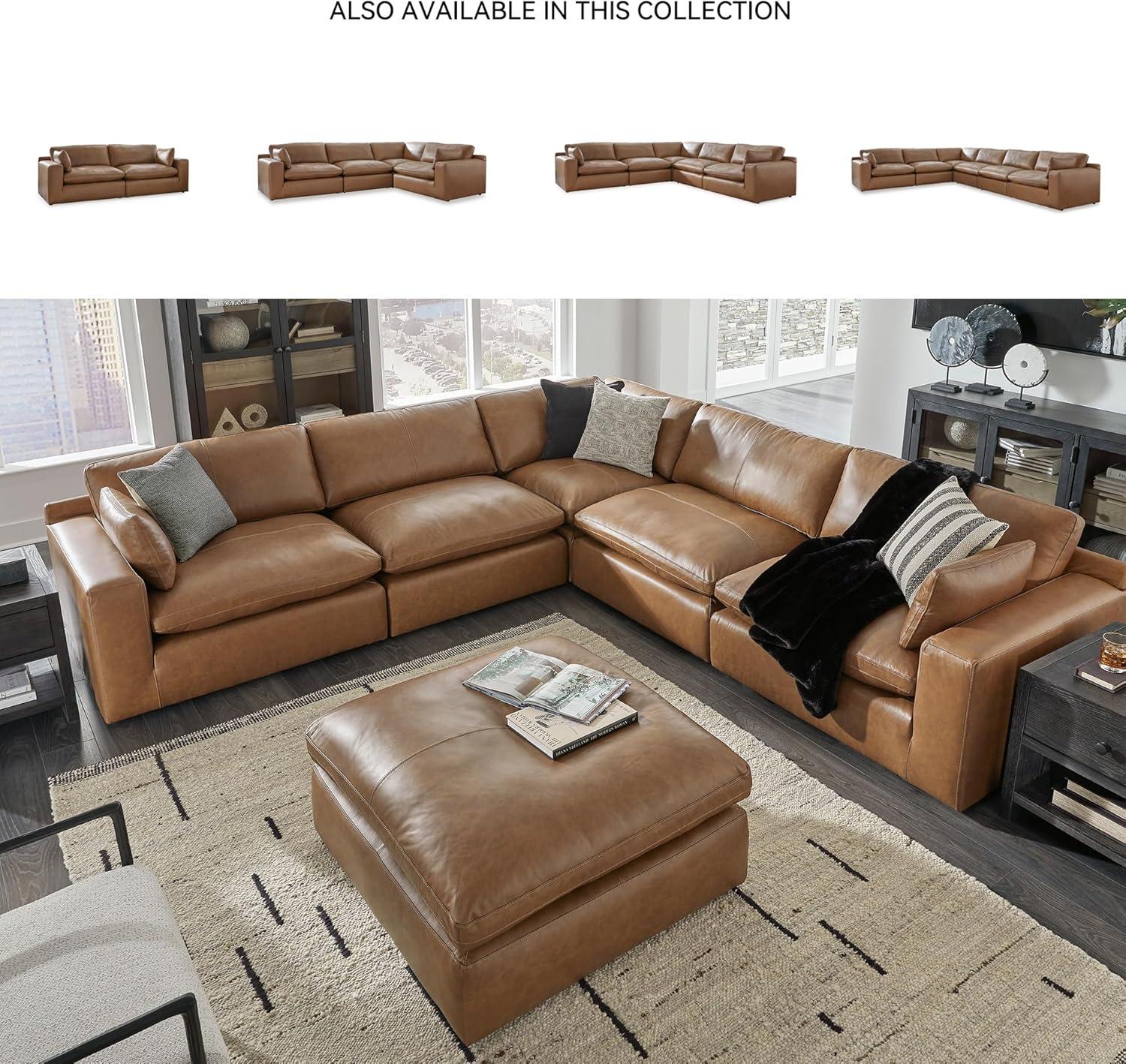 imageSignature Design by Ashley Emilia Modern Modular Leather Match 5Piece Sectional with Loose Back Cushions and 2 Bolster Pillows Light BrownCaramel