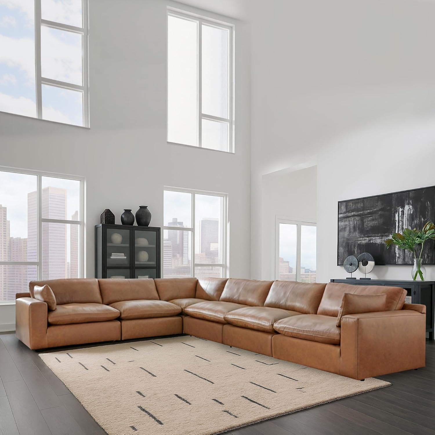 imageSignature Design by Ashley Emilia Modern Modular Leather Match 5Piece Sectional with Loose Back Cushions and 2 Bolster Pillows Light BrownCaramel