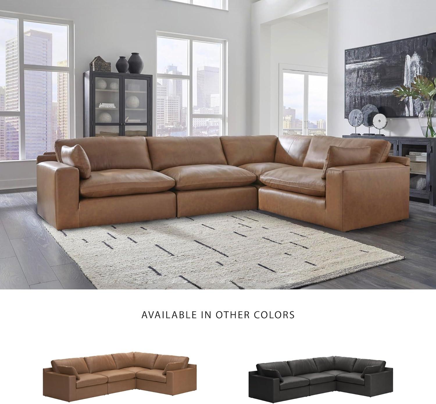 imageSignature Design by Ashley Emilia Modern Modular Leather Match 5Piece Sectional with Loose Back Cushions and 2 Bolster Pillows Light BrownCaramel