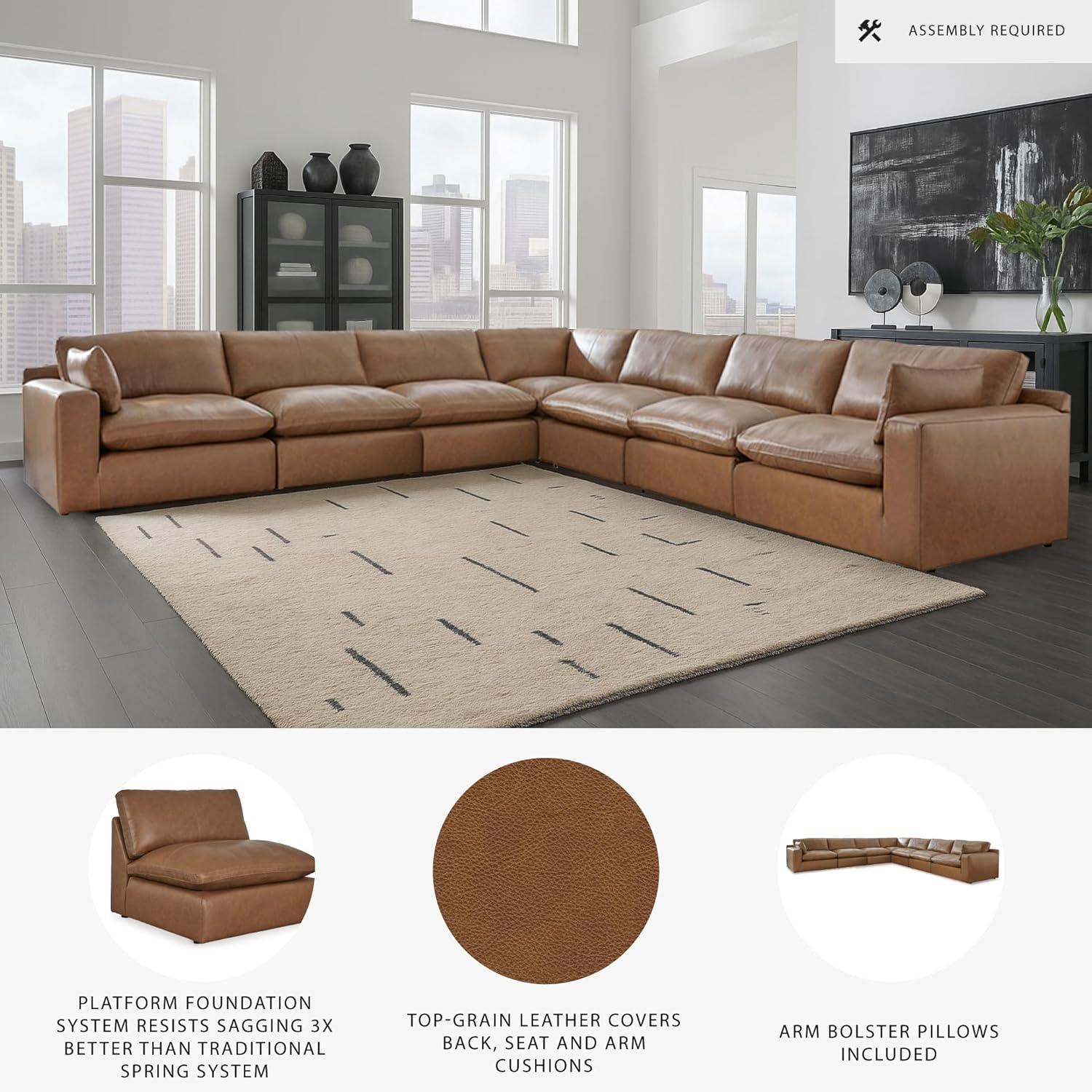 imageSignature Design by Ashley Emilia Modern Modular Leather Match 5Piece Sectional with Loose Back Cushions and 2 Bolster Pillows Light BrownCaramel