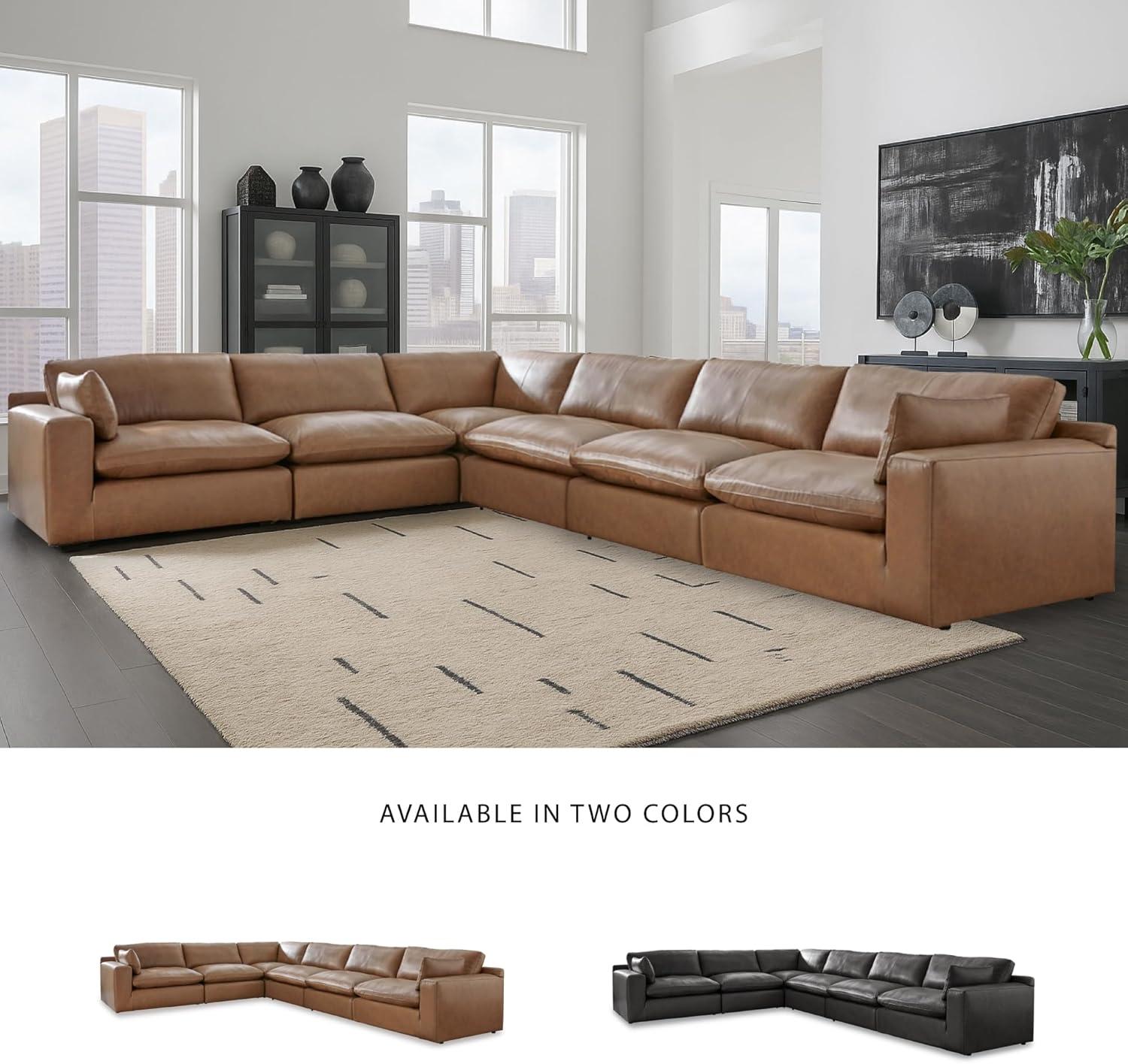 imageSignature Design by Ashley Emilia Modern Modular Leather Match 5Piece Sectional with Loose Back Cushions and 2 Bolster Pillows Light BrownCaramel