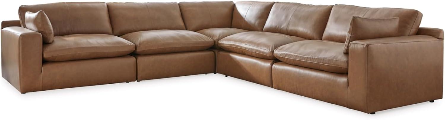 imageSignature Design by Ashley Emilia Modern Modular Leather Match 5Piece Sectional with Loose Back Cushions and 2 Bolster Pillows Light BrownCaramel