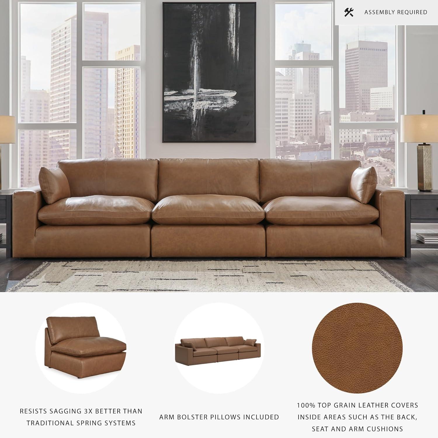 imageSignature Design by Ashley Emilia Modern Modular Leather Match 5Piece Sectional with Loose Back Cushions and 2 Bolster Pillows Light BrownCaramel