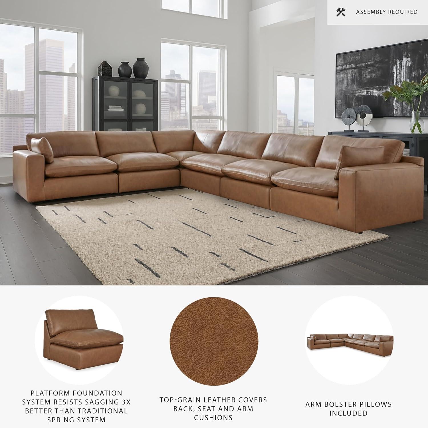 imageSignature Design by Ashley Emilia Modern Modular Leather Match 5Piece Sectional with Loose Back Cushions and 2 Bolster Pillows Light BrownCaramel