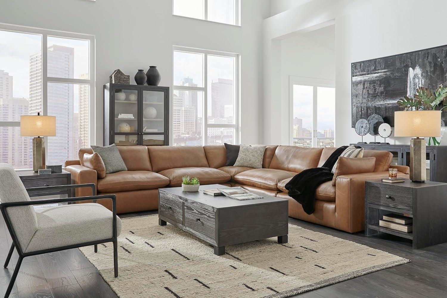 imageSignature Design by Ashley Emilia Modern Modular Leather Match 5Piece Sectional with Loose Back Cushions and 2 Bolster Pillows Light BrownCaramel