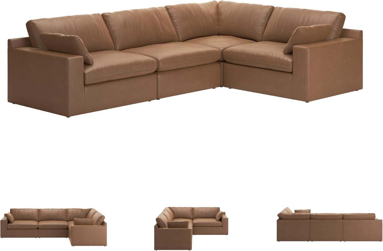 imageSignature Design by Ashley Emilia Modern Modular Leather Match 5Piece Sectional with Loose Back Cushions and 2 Bolster Pillows Light BrownCaramel