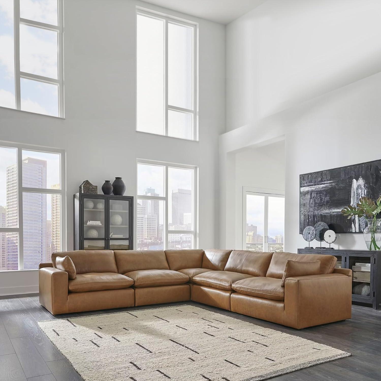 imageSignature Design by Ashley Emilia Modern Modular Leather Match 5Piece Sectional with Loose Back Cushions and 2 Bolster Pillows Light BrownCaramel