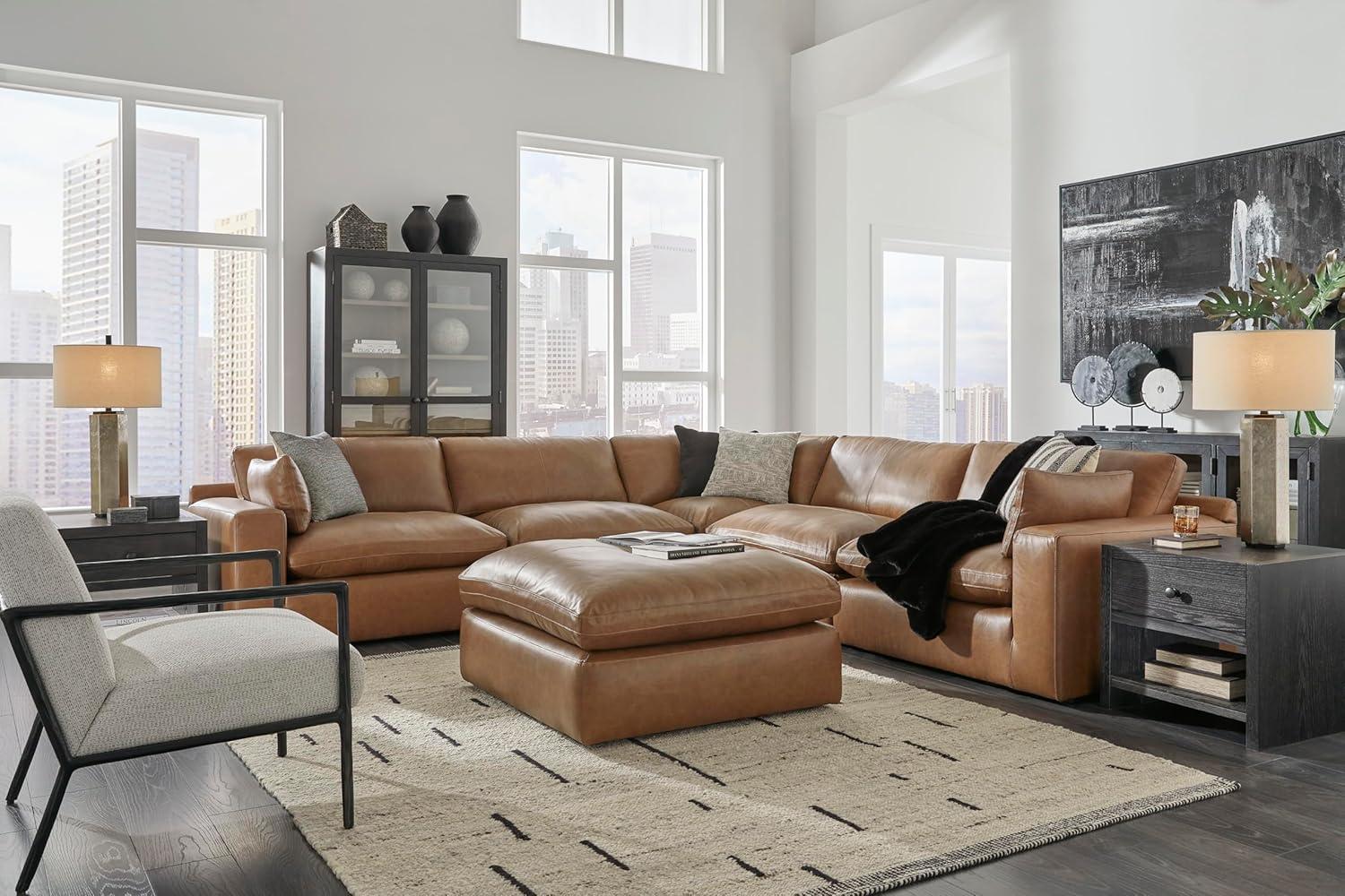 imageSignature Design by Ashley Emilia Modern Modular Leather Match 5Piece Sectional with Loose Back Cushions and 2 Bolster Pillows Light BrownCaramel