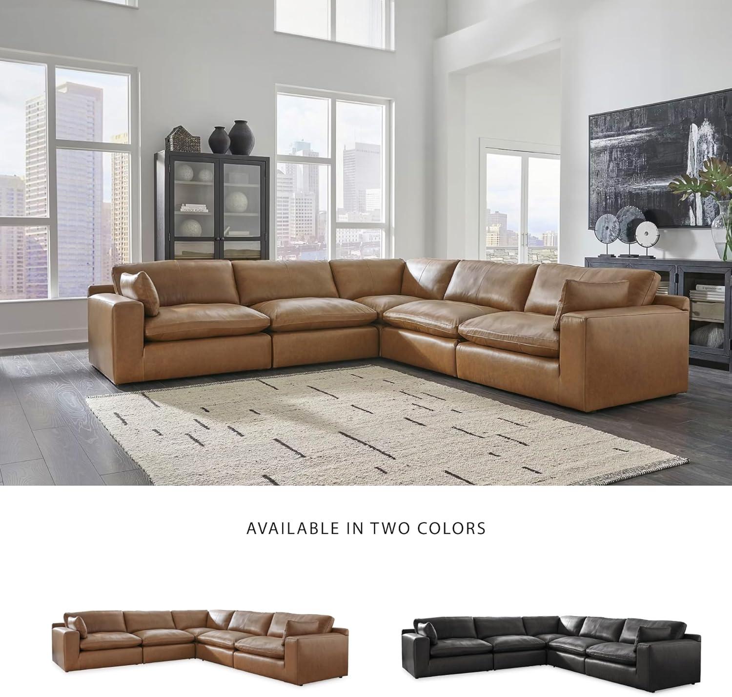 imageSignature Design by Ashley Emilia Modern Modular Leather Match 5Piece Sectional with Loose Back Cushions and 2 Bolster Pillows Light BrownCaramel