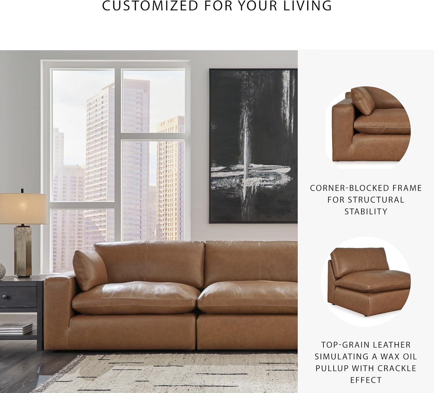 imageSignature Design by Ashley Emilia Modern Modular Leather Match 5Piece Sectional with Loose Back Cushions and 2 Bolster Pillows Light BrownCaramel