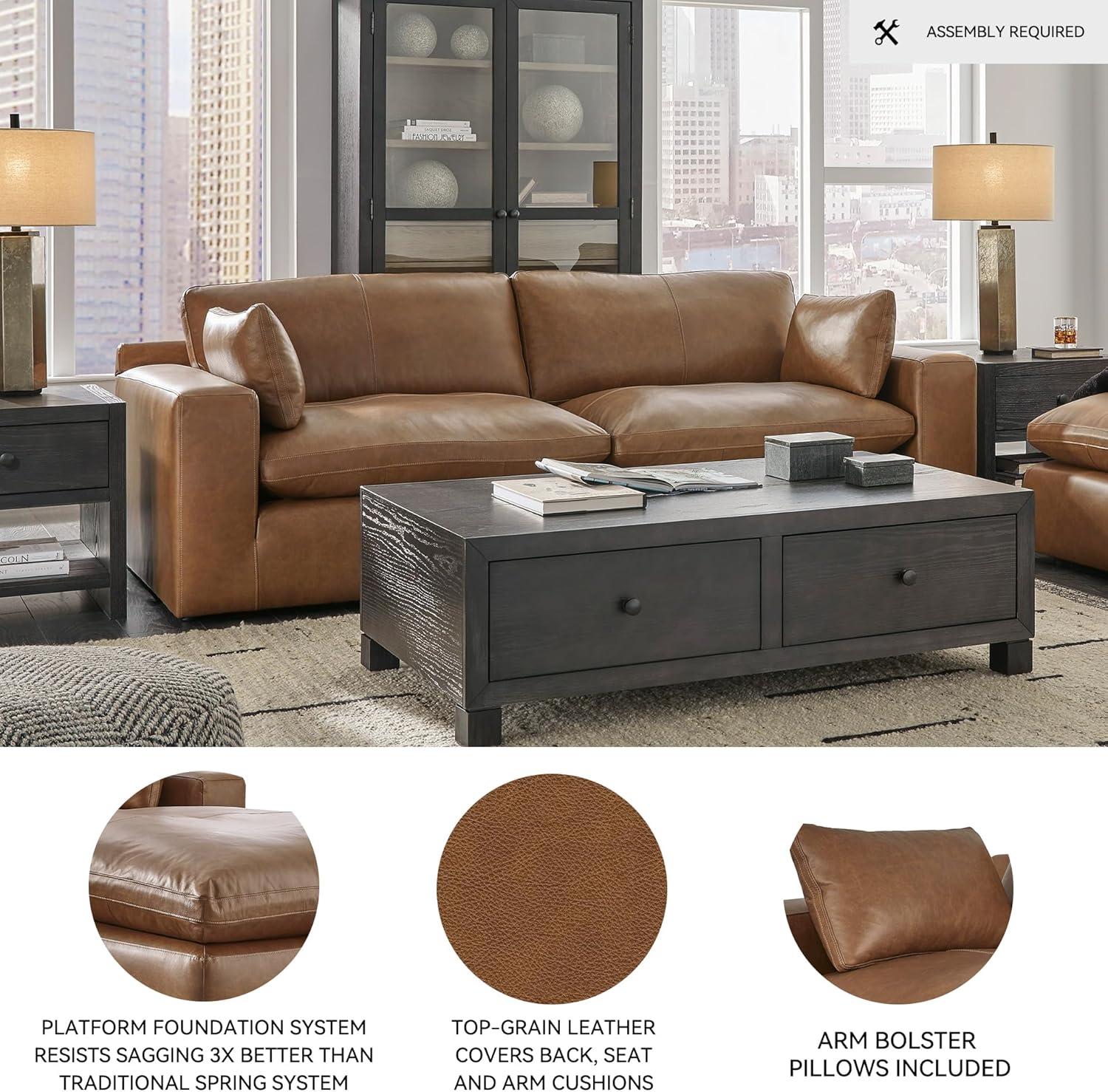 imageSignature Design by Ashley Emilia Modern Modular Leather Match 5Piece Sectional with Loose Back Cushions and 2 Bolster Pillows Light BrownCaramel