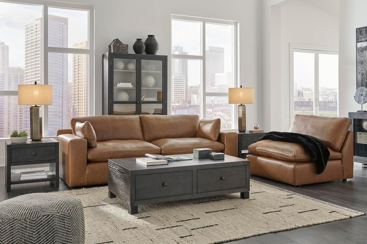 imageSignature Design by Ashley Emilia Modern Modular Leather Match 5Piece Sectional with Loose Back Cushions and 2 Bolster Pillows Light BrownCaramel