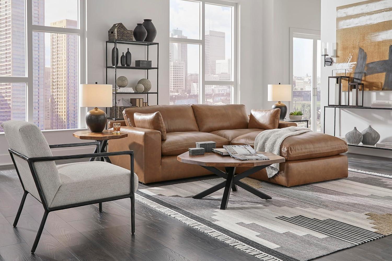 imageSignature Design by Ashley Emilia Modern Modular Leather Match 5Piece Sectional with Loose Back Cushions and 2 Bolster Pillows Light BrownCaramel