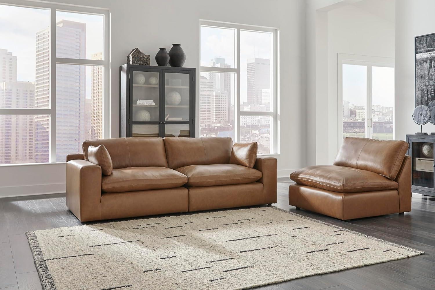 imageSignature Design by Ashley Emilia Modern Modular Leather Match 5Piece Sectional with Loose Back Cushions and 2 Bolster Pillows Light BrownCaramel