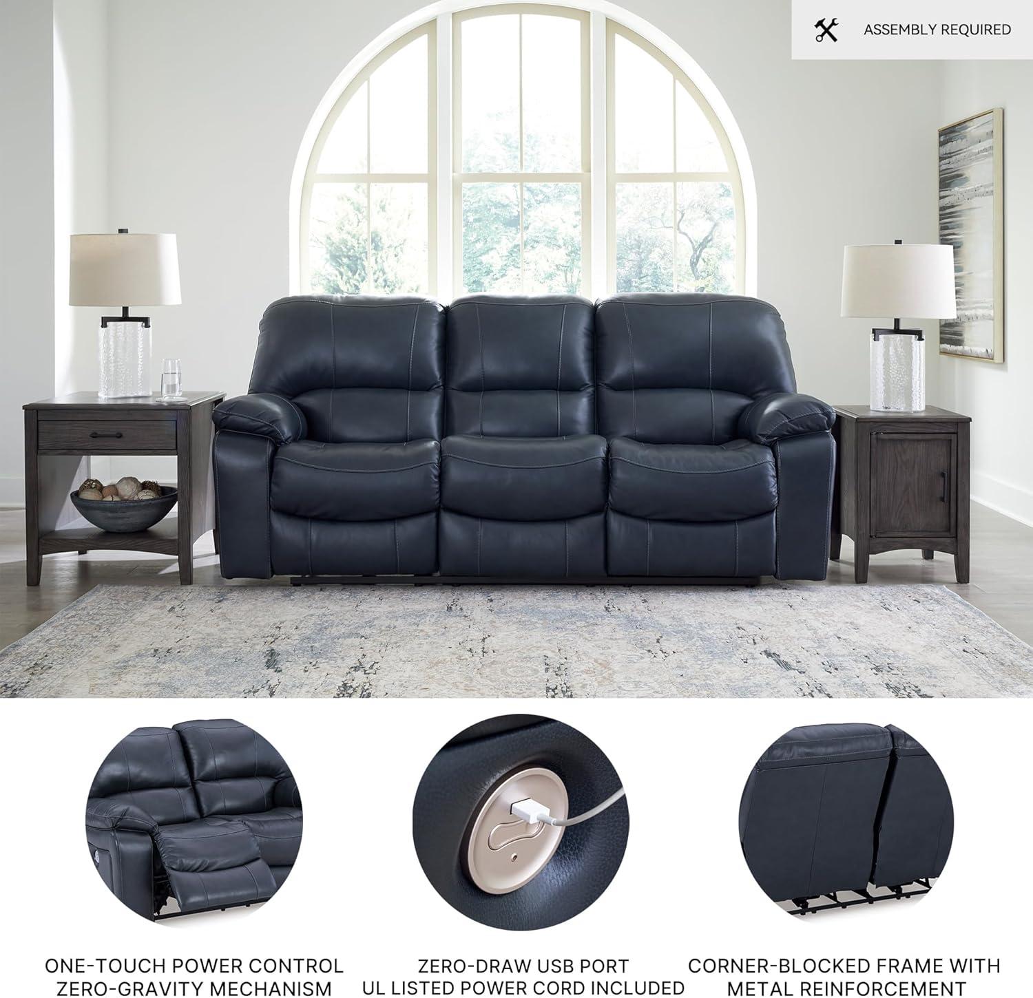 imageSignature Design by Ashley Leesworth Power Reclining Sofa Leather Match Wall Hugger Reclining Sofa with OneTouch Power ZeroDraw USB 3 Seat Recliner Couch for Living Room Brown