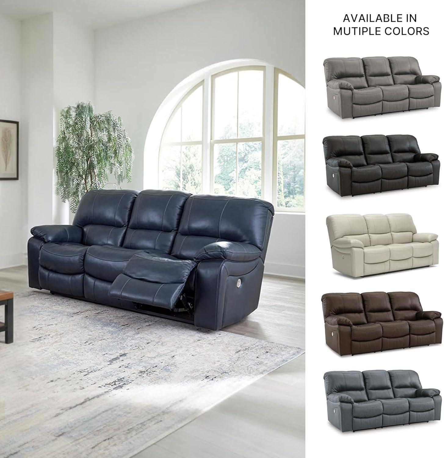 imageSignature Design by Ashley Leesworth Power Reclining Sofa Leather Match Wall Hugger Reclining Sofa with OneTouch Power ZeroDraw USB 3 Seat Recliner Couch for Living Room Brown