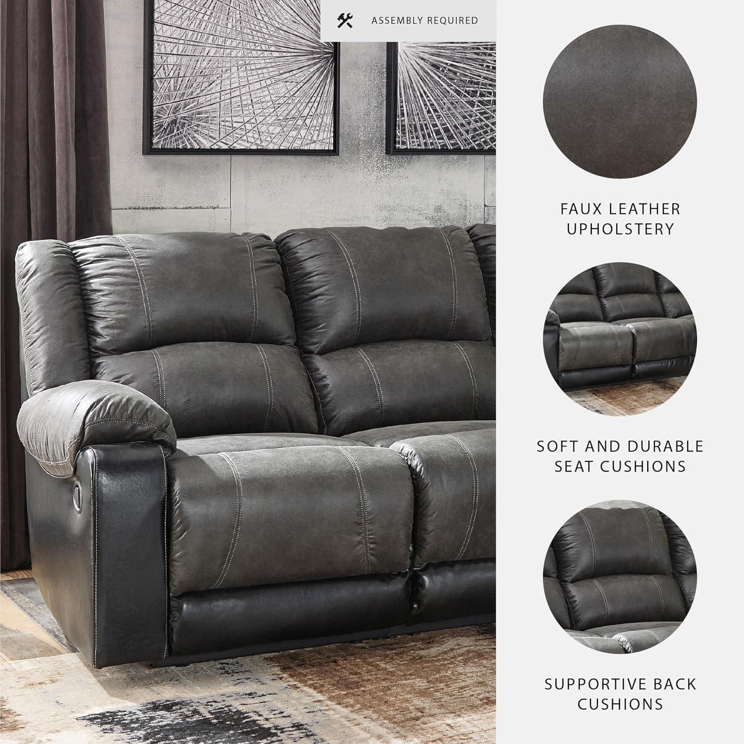 imageSignature Design by Ashley Nantahala Contemporary LShaped Faux Leather Wall Hugger 3Piece Reclining Sectional with Chaise Gray