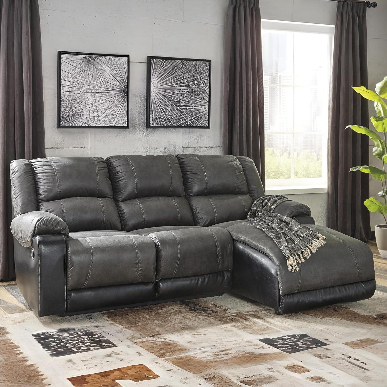 imageSignature Design by Ashley Nantahala Contemporary LShaped Faux Leather Wall Hugger 3Piece Reclining Sectional with Chaise Gray