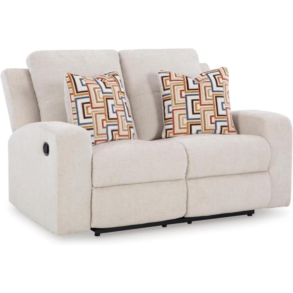 imageSignature Design by Ashley Danum Modern Tufted Manual Reclining Loveseat with 2 Accent Pillows BeigeBeige