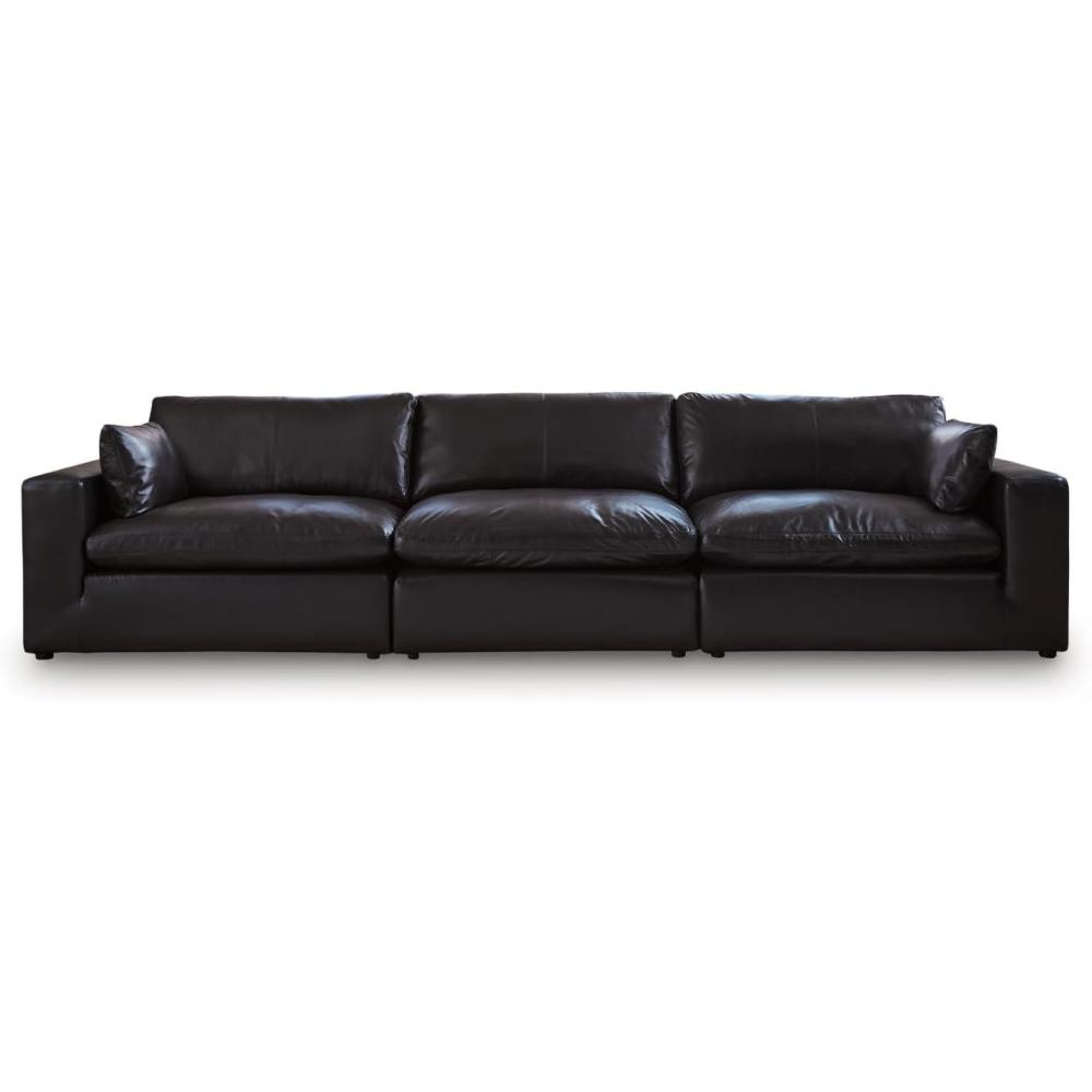 imageSignature Design by Ashley Emilia Modern Modular Leather Match 5Piece Sectional with Loose Back Cushions and 2 Bolster Pillows Light BrownBlack