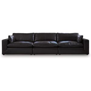 Signature Design by Ashley Emilia Modern Modular Leather Match 5-Piece Sectional with Loose Back Cushions and 2 Bolster Pillows, Light Brown(Black)