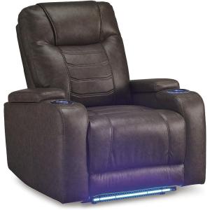 Signature Design by Ashley Schooner Rocks Modern Faux Leather Power Recliner with Adjustable Headrest, USB Ports and LED Lighting, Dark Brown