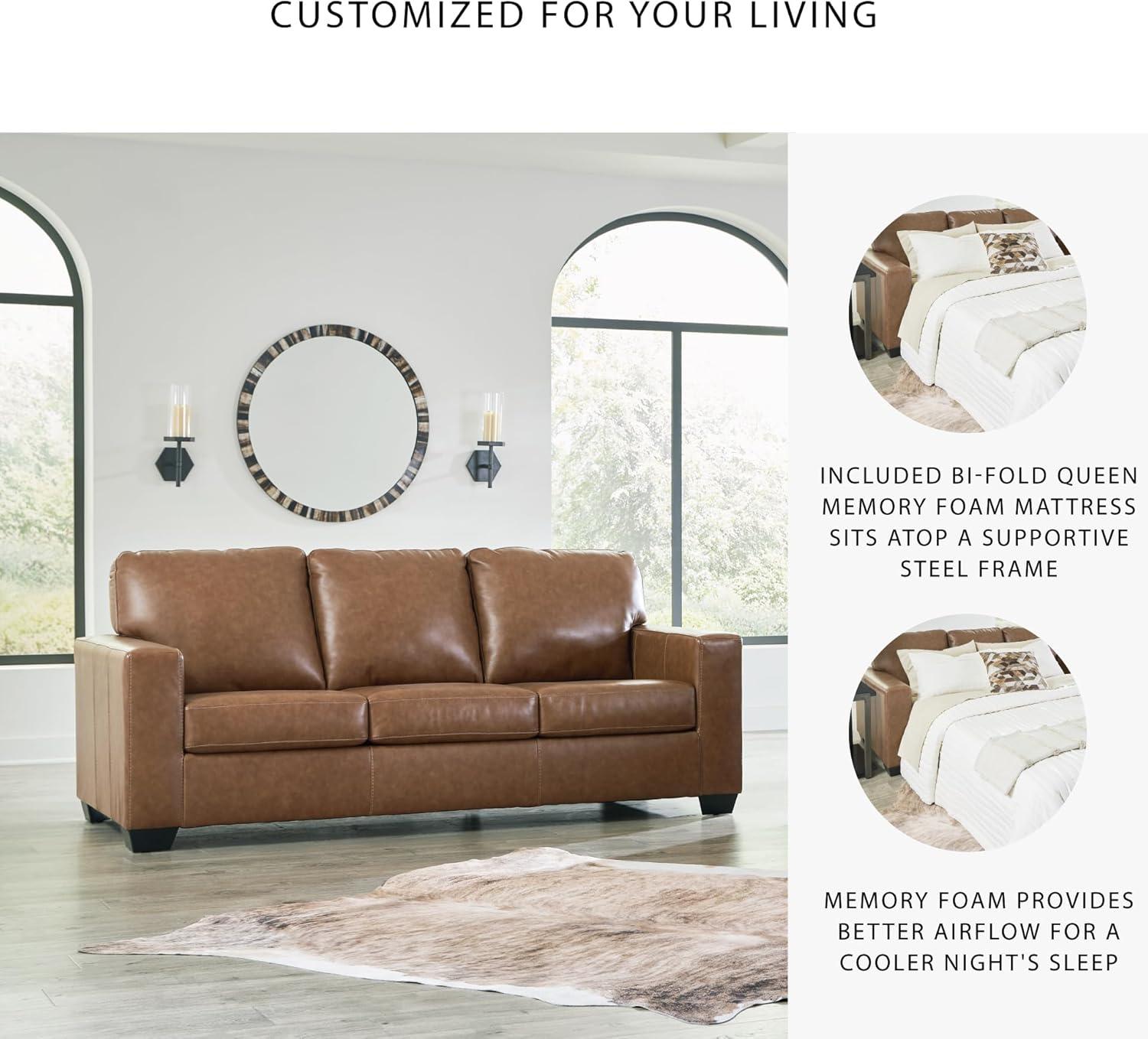 imageSignature Design by Ashley Bolsena Contemporary Leather Match Sofa Sleeper with Loose Seat Cushions and BiFold Memory Foam Mattress Queen GrayDark Brown