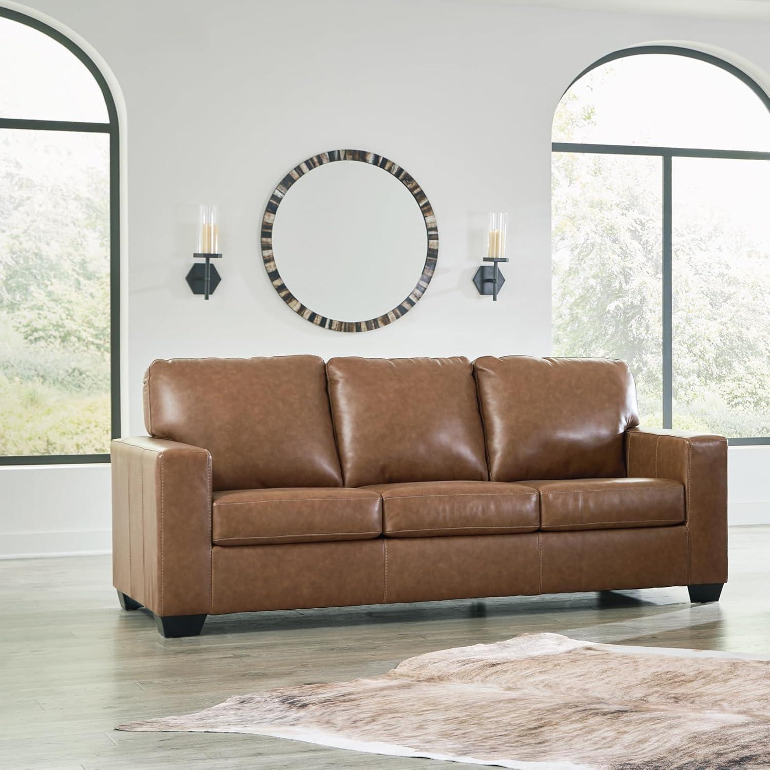 imageSignature Design by Ashley Bolsena Contemporary Leather Match Sofa Sleeper with Loose Seat Cushions and BiFold Memory Foam Mattress Queen GrayDark Brown