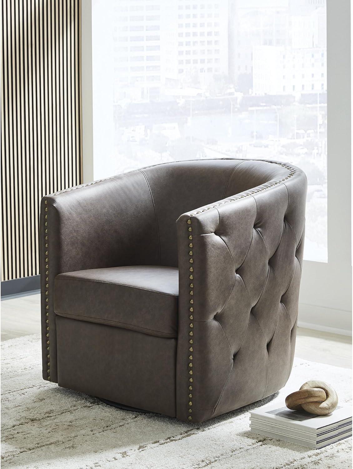 imageSignature Design by Ashley Brentlow Transitional Faux Leather Button Tufted Upholstered Swivel Accent Chair with Loose Seat Cushion and Nailhead Trim Dark Brown