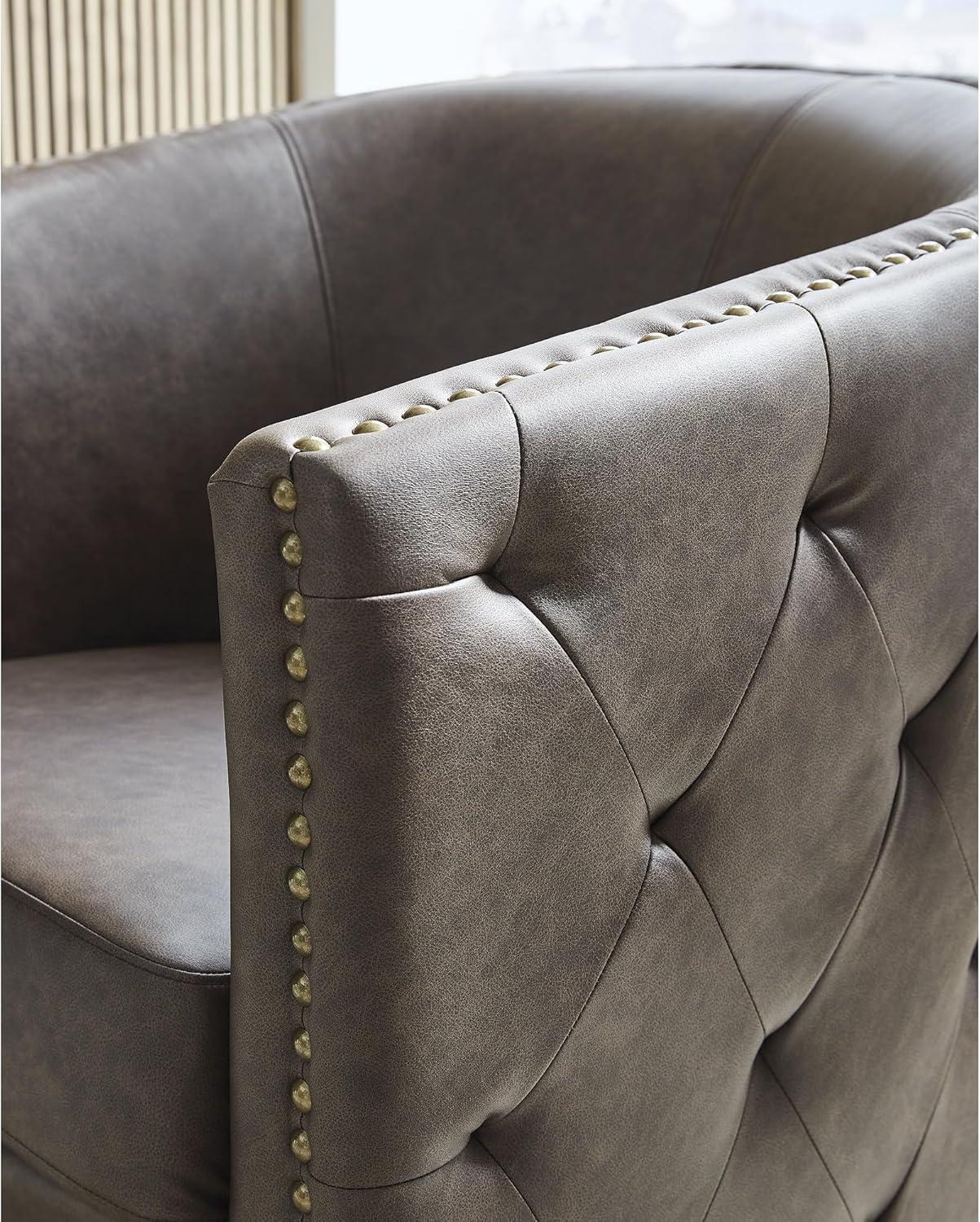 imageSignature Design by Ashley Brentlow Transitional Faux Leather Button Tufted Upholstered Swivel Accent Chair with Loose Seat Cushion and Nailhead Trim Dark Brown