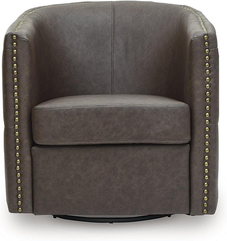 imageSignature Design by Ashley Brentlow Transitional Faux Leather Button Tufted Upholstered Swivel Accent Chair with Loose Seat Cushion and Nailhead Trim Dark Brown