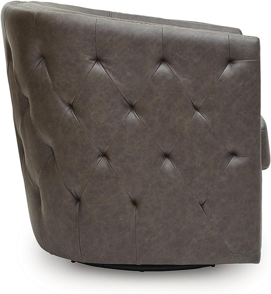 imageSignature Design by Ashley Brentlow Transitional Faux Leather Button Tufted Upholstered Swivel Accent Chair with Loose Seat Cushion and Nailhead Trim Dark Brown