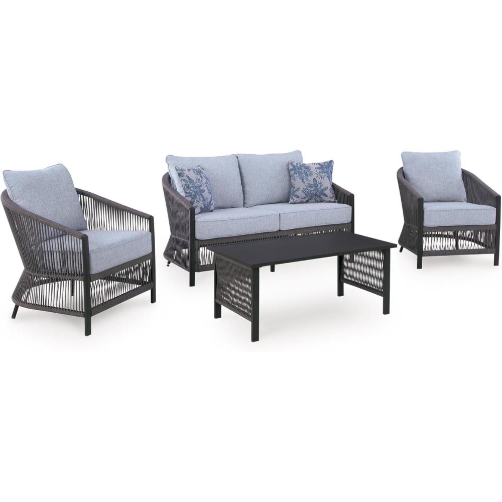 imageSignature Design by Ashley Bodega Island Contemporary Weather Resistant Outdoor LoveseatChairsTable Set with 2 Accent Pillows Set of 4 Light Gray