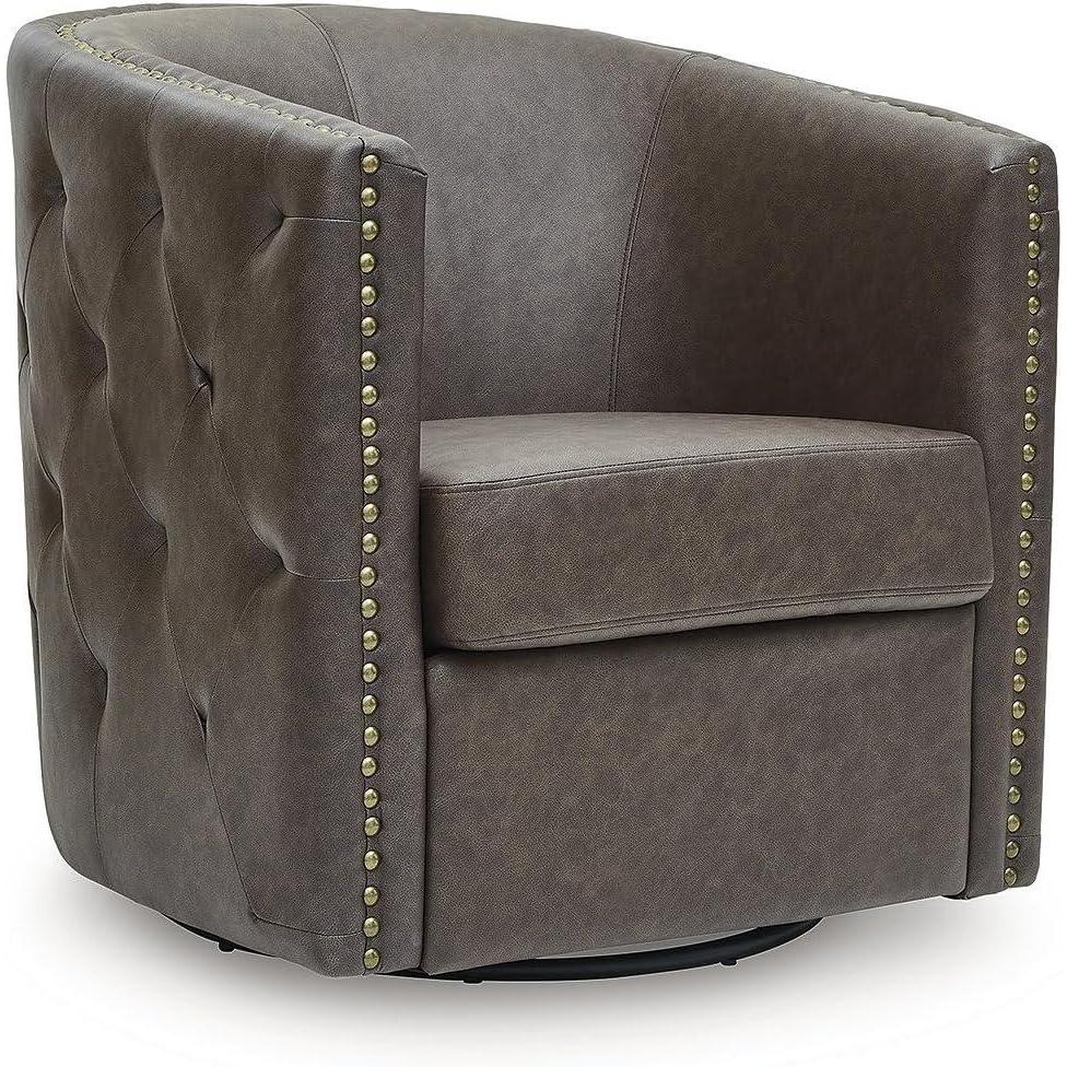 imageSignature Design by Ashley Brentlow Transitional Faux Leather Button Tufted Upholstered Swivel Accent Chair with Loose Seat Cushion and Nailhead Trim Dark Brown