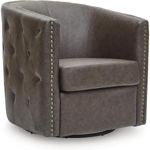 Signature Design by Ashley Brentlow Transitional Faux Leather Button Tufted Upholstered Swivel Accent Chair with Loose Seat Cushion and Nailhead Trim, Dark Brown