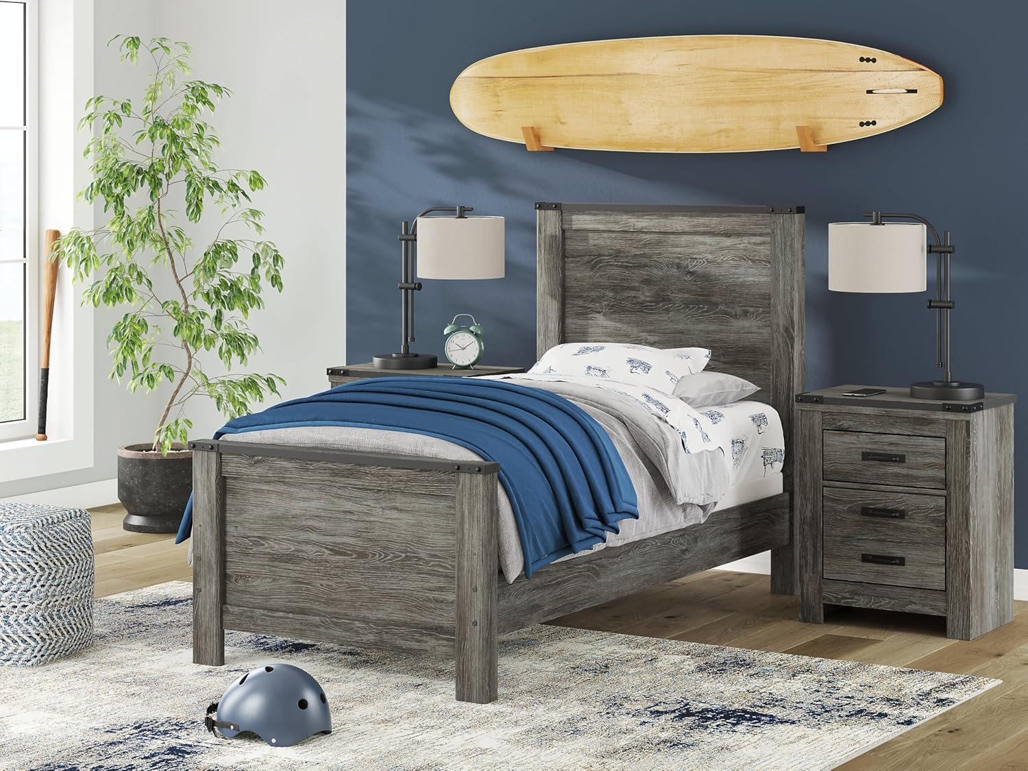 imageSignature Design by Ashley Frandern Rustic Oak Finished Panel Headboard with Nailhead Accents Twin Gray