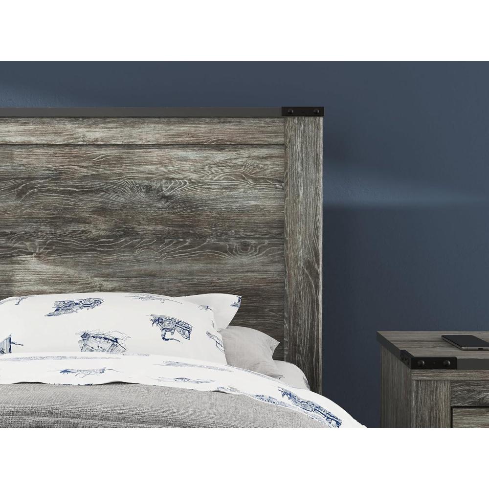 imageSignature Design by Ashley Frandern Rustic Oak Finished Panel Headboard with Nailhead Accents Twin Gray