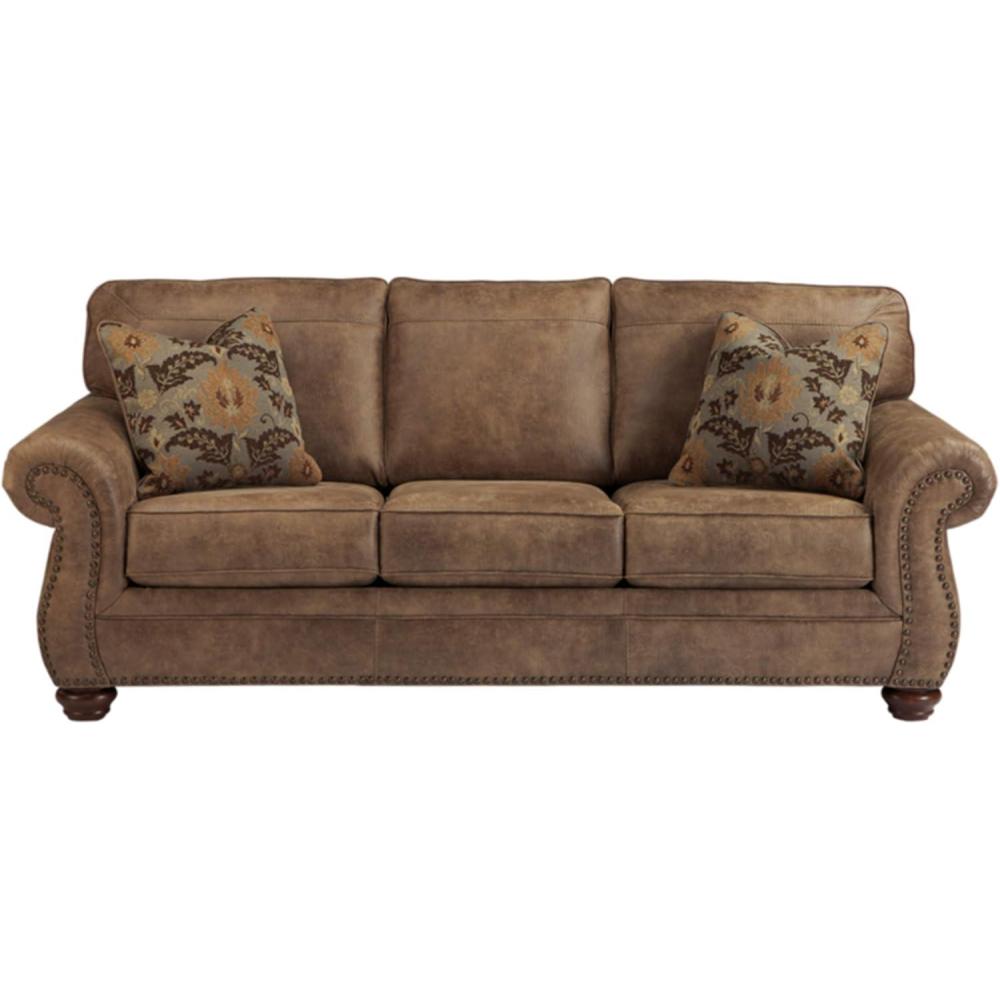 imageSignature Design by Ashley Larkinhurst Faux Leather Loveseat with Nailhead Trim and 2 Accent Pillows BrownBrown