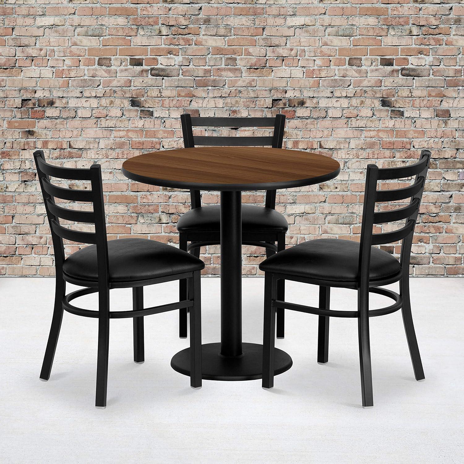imageSignature Design by Ashley Flash Furniture 30 Round Walnut Laminate Table Set with 3 Ladder Back Metal Chairs Black Vinyl Seat 30W x 30D x 30H MD0002GG