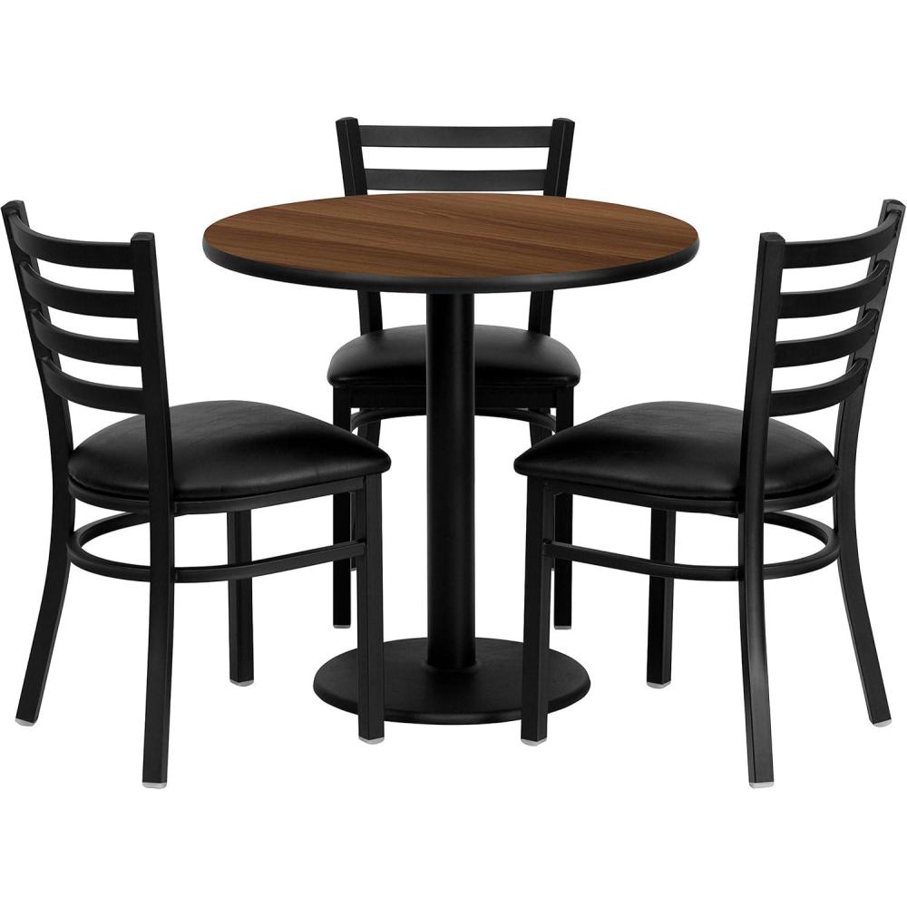 imageSignature Design by Ashley Flash Furniture 30 Round Walnut Laminate Table Set with 3 Ladder Back Metal Chairs  Black Vinyl Seat 30W x 30D x 30H MD0002GG