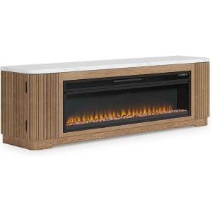 Signature Design by Ashley Camdill Modern 80″ TV Stand with Electric Fireplace for TVs up to 91″, Light Brown/White(80″ TV Stand with Electric Fireplace)
