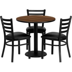 Signature Design by Ashley Flash Furniture 30” Round Walnut Laminate Table Set with 3 Ladder Back Metal Chairs – Black Vinyl Seat, 30″W x 30″D x 30″H (MD-0002-GG)