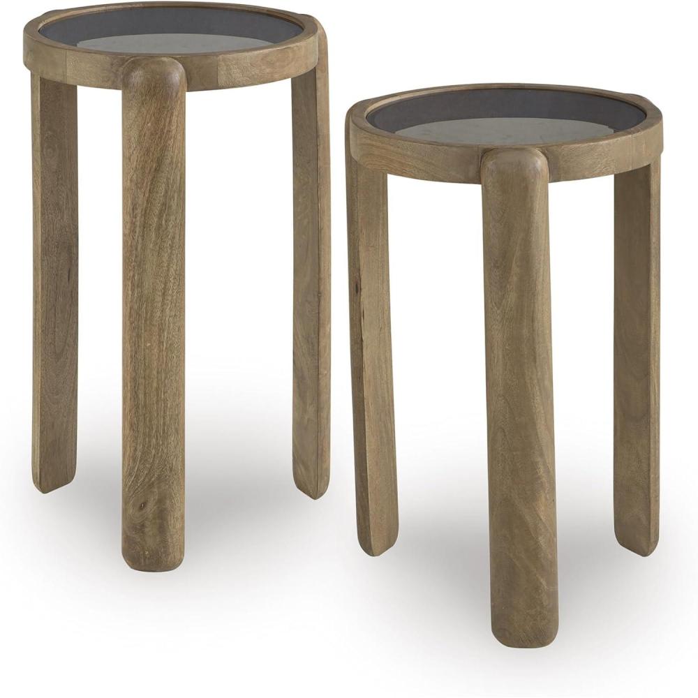 imageSignature Design by Ashley Jossor Casual Accent Table Set of 2 Glass Tabletops Bunching Design Mango Wood 1275 W x 1275 D x 22 H Light Brown