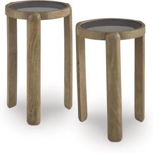 Signature Design by Ashley Jossor Casual Accent Table Set of 2, Glass Tabletops, Bunching Design, Mango Wood, 12.75″ W x 12.75″ D x 22″ H, Light Brown