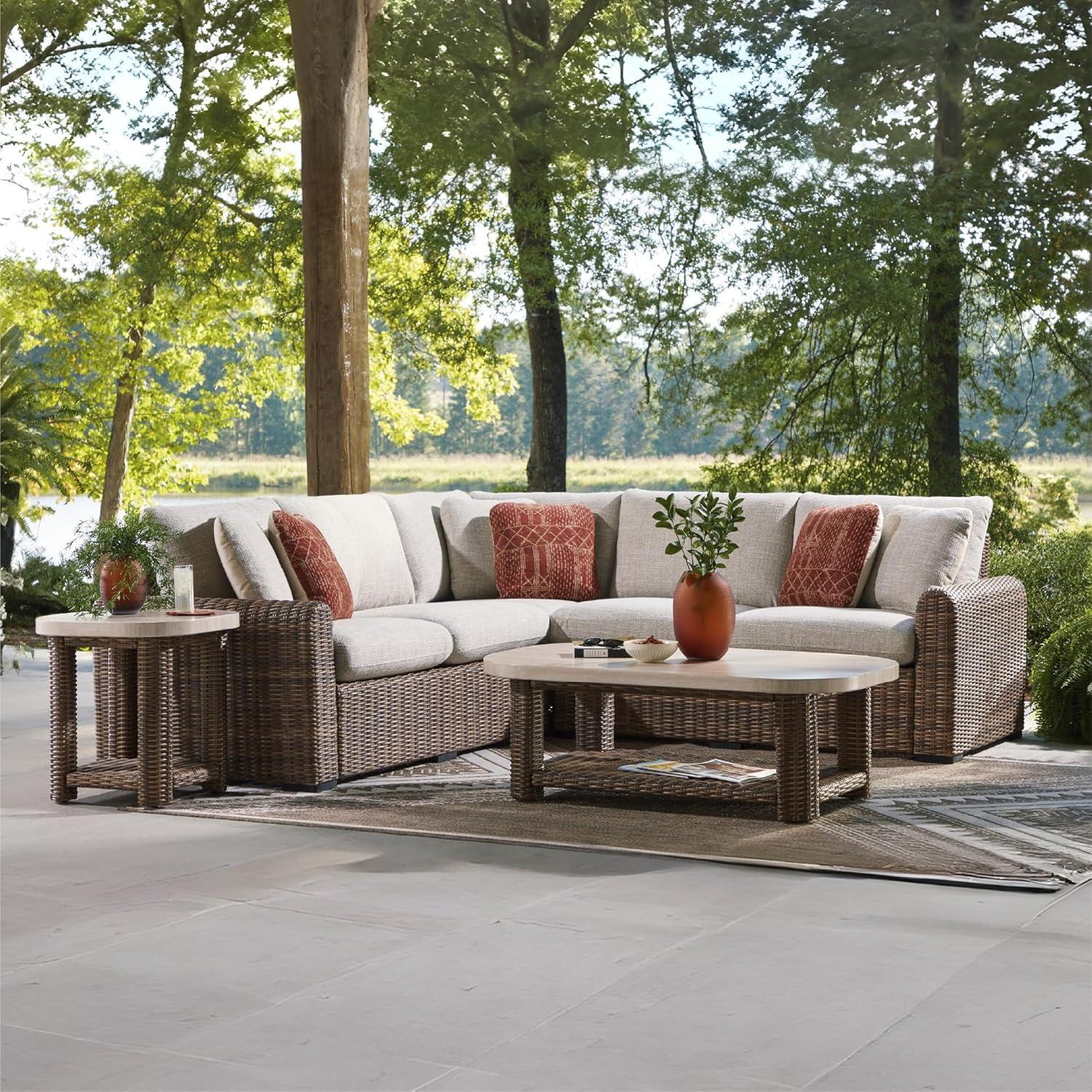 imageSignature Design by Ashley Angel Island Symmetrical Contemporary 3Piece Outdoor Sectional with Cushion and 6 Throw Pillows Beige3Piece Outdoor Sectional