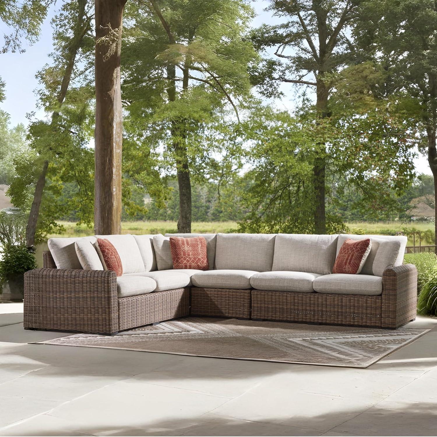 imageSignature Design by Ashley Angel Island Symmetrical Contemporary 3Piece Outdoor Sectional with Cushion and 6 Throw Pillows Beige4Piece Outdoor Sectional