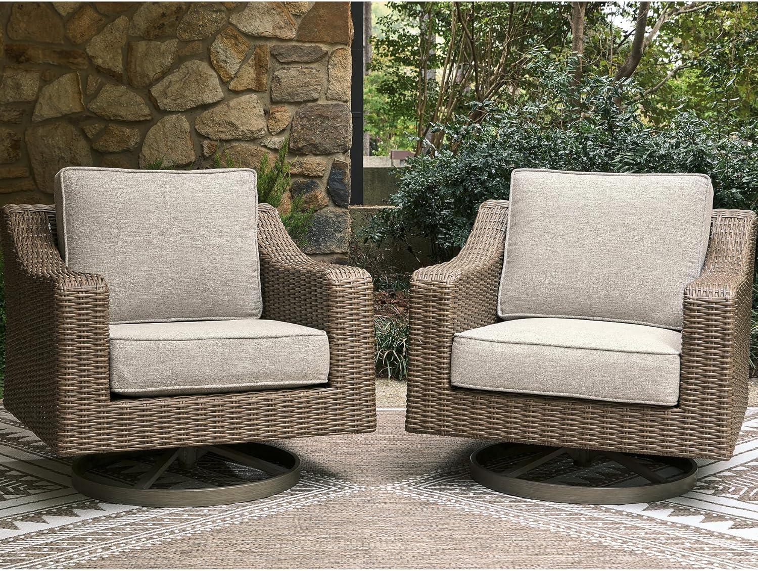 imageSignature Design by Ashley Carmel Bay Casual Weather and UV Resistant Outdoor Swivel Lounge with Cushion Light Brown amp Beige