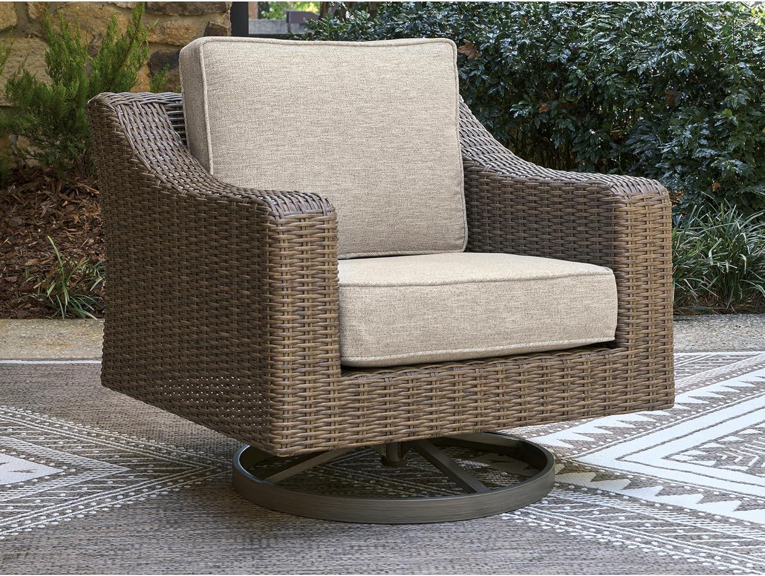 imageSignature Design by Ashley Carmel Bay Casual Weather and UV Resistant Outdoor Swivel Lounge with Cushion Light Brown amp Beige
