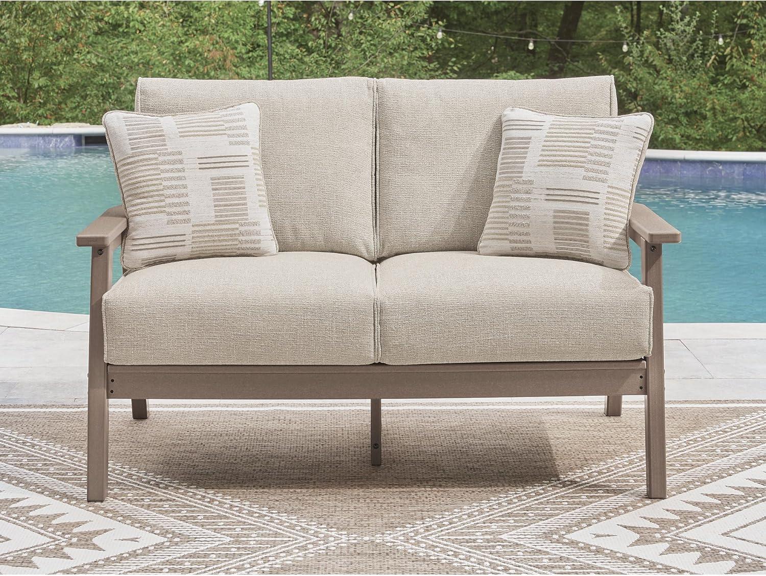 imageSignature Design by Ashley Cliffs Beach MidCentury Modern Outdoor Weather Resistant Loveseat with Removable Cushion and 2 Accent Pillows Beige amp Light Brown