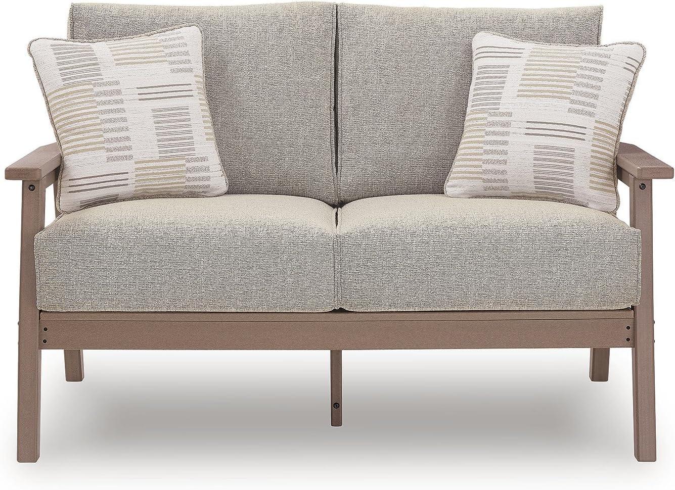 imageSignature Design by Ashley Cliffs Beach MidCentury Modern Outdoor Weather Resistant Loveseat with Removable Cushion and 2 Accent Pillows Beige amp Light Brown